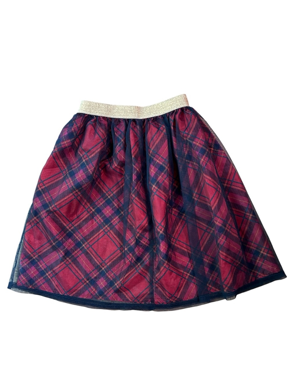 Girls Wonder Nation Red & Navy Plaid Tutu Skirt with Gold Waistband Size S 6-6X